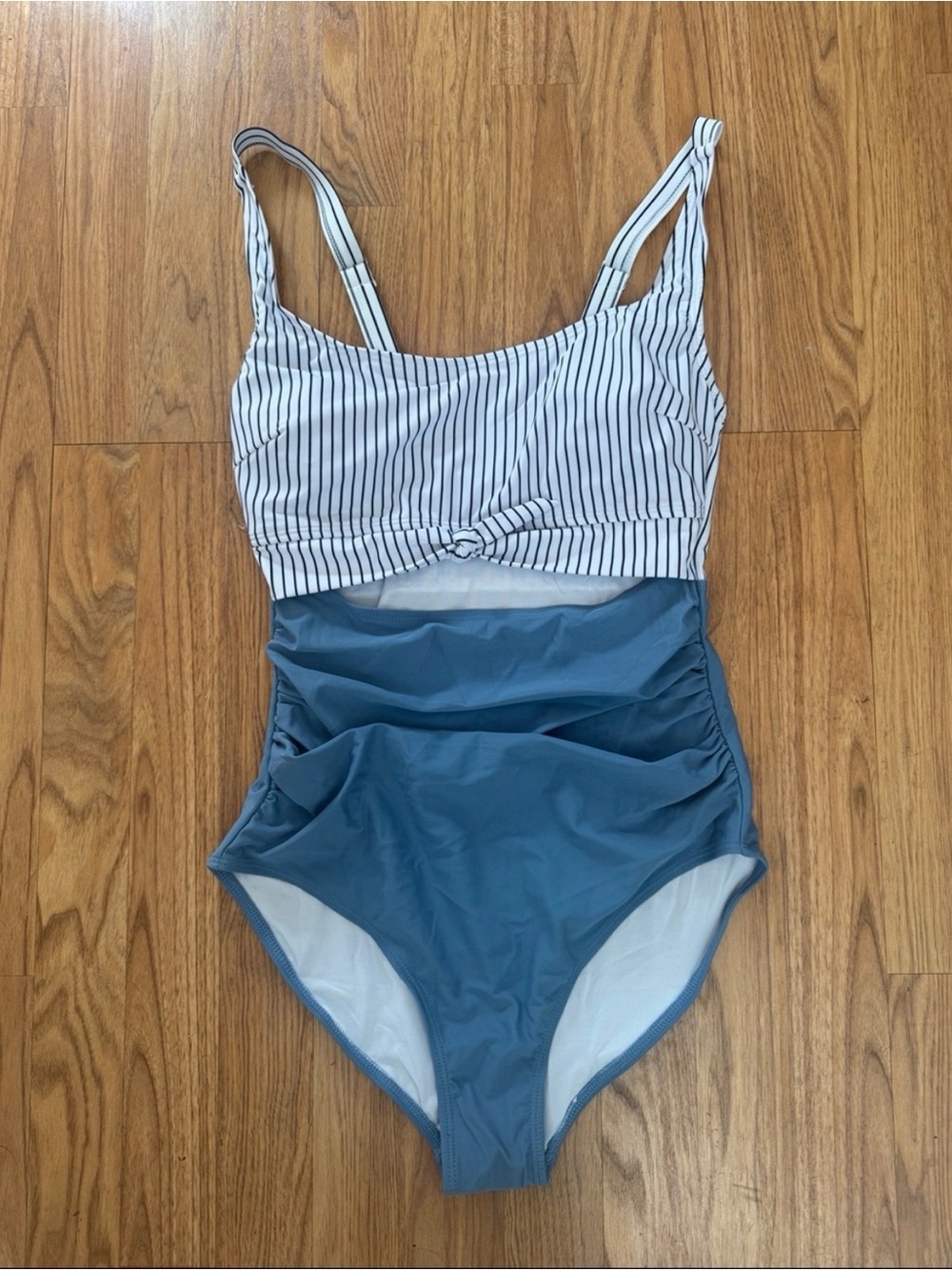 Striped White & Blue One-Piece Swimsuit NWOT (hygiene liner intact)